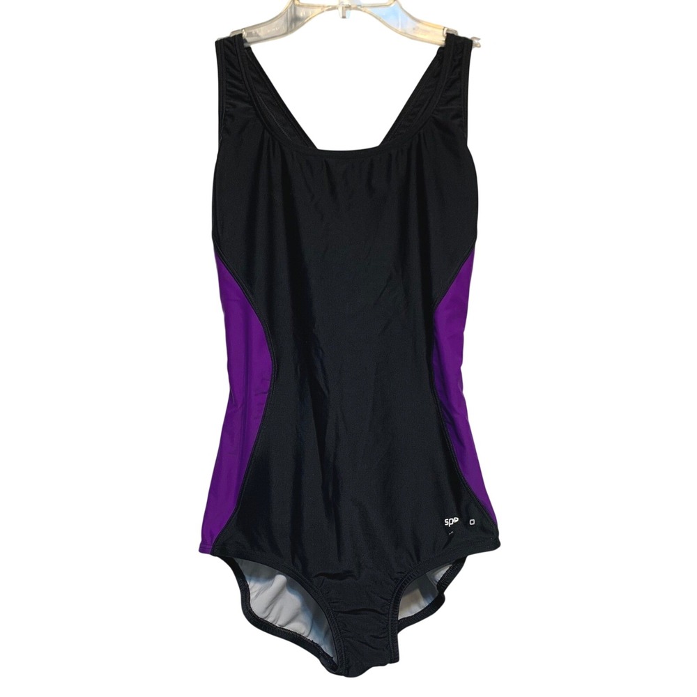 Speedo One Piece Swimsuit Size 6 PowerFLEX Black Purple Athletic Racerback